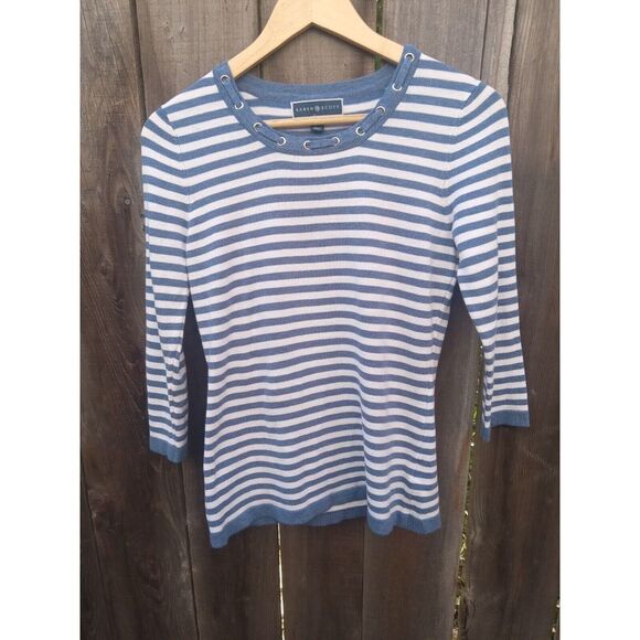 Karen Scott Tops - Karen Scott Heather Indigo Blue Mid Sleeve Striped Top Sz XS